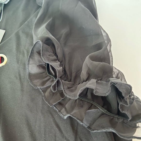 NWOT Adele & May Black Knit Top with Chiffon Short Sleeves Floral Tie - Picture 6 of 11